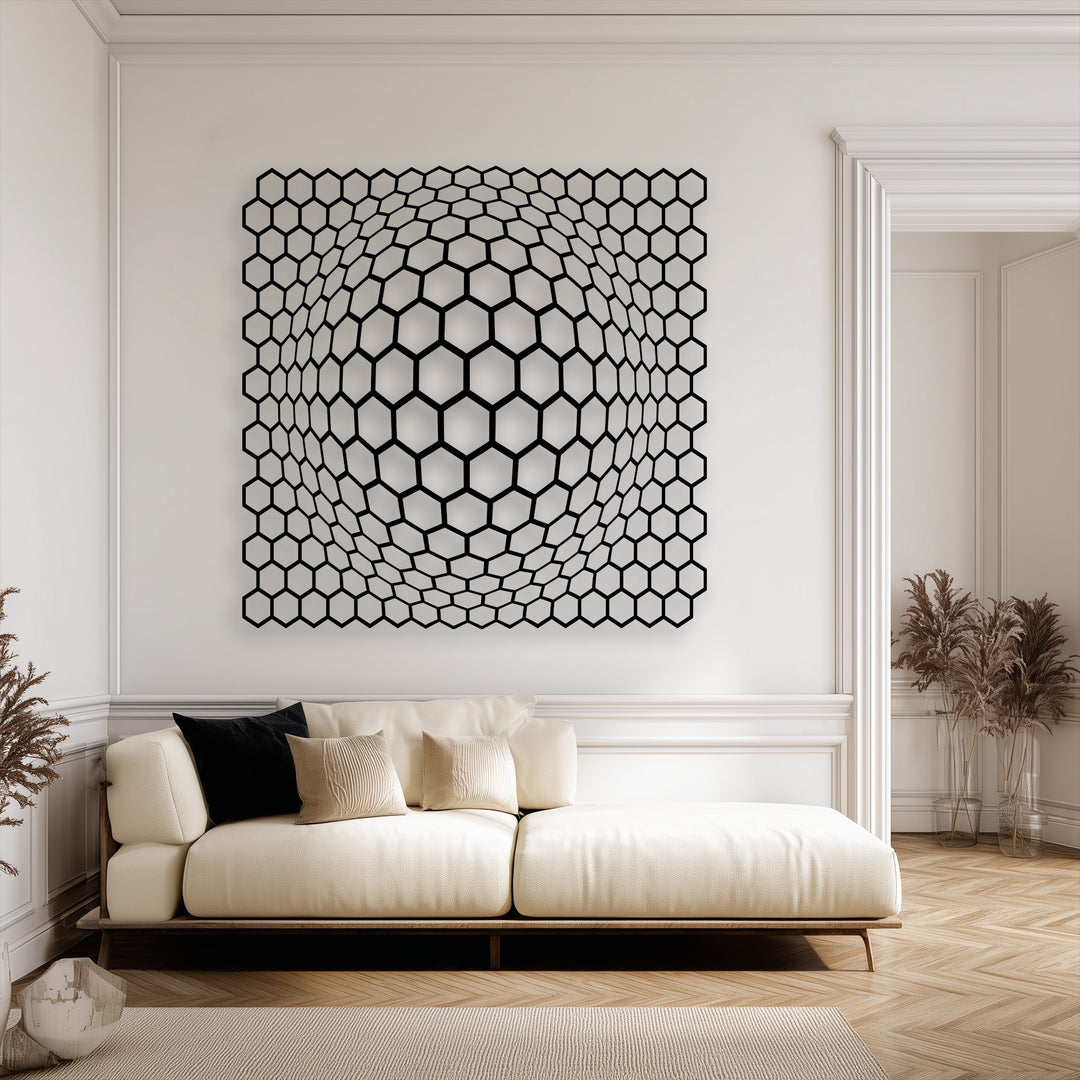 Bold color contrast presented by the black geometric hexagon metal artwork creating a captivating depth illusion on the bright white wall.
