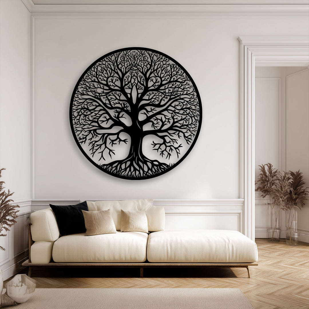Revealing impressive depth and layers, the Tree of Life circular metal decoration wall art casts a bold shadow on the paneled wall.