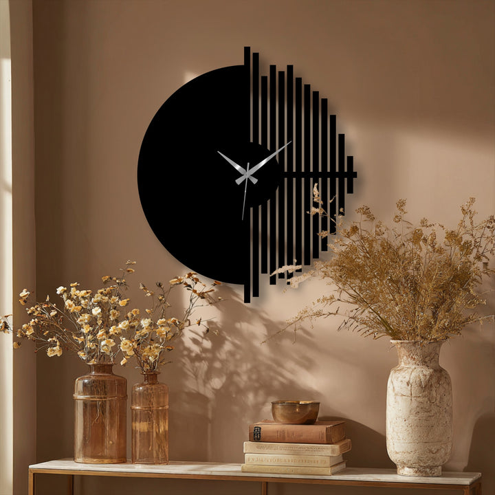Visual rhythm is created by the alternating solid and linear elements of this half circle modern metal art for wall clock, adding a dynamic, geometric contrast.