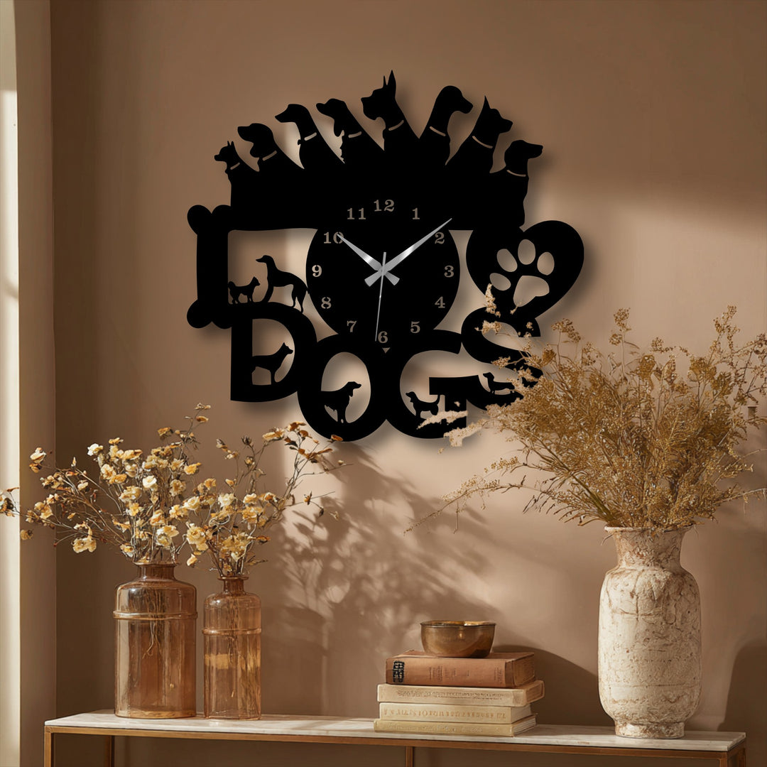 The interplay of light and shadow highlights the intricate dog silhouettes on the decorative metal art clock, enhancing its pet-themed design.