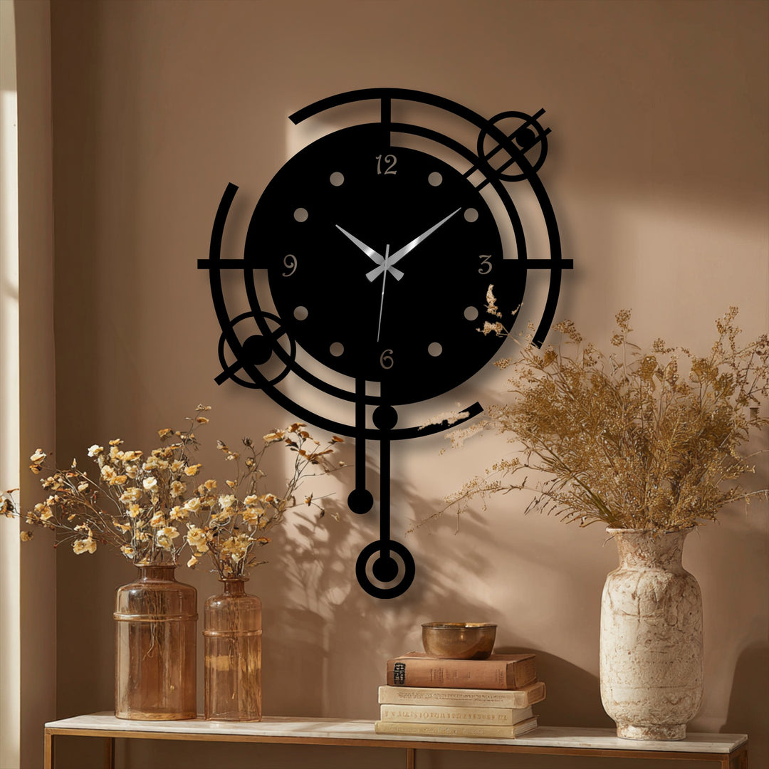 Showcasing the realistic detail of the modern orbit geometric metal wall decor, the metallic construction of the decorative clock is elegantly displayed.
