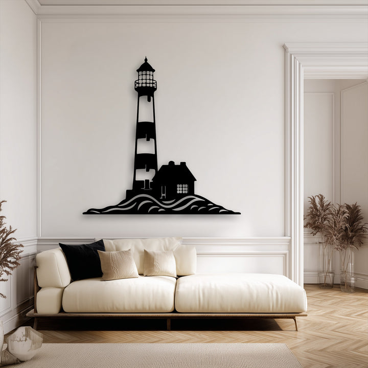 The organic forms of the lighthouse and rolling waves in this unique metal wall art create a captivating coastal silhouette.