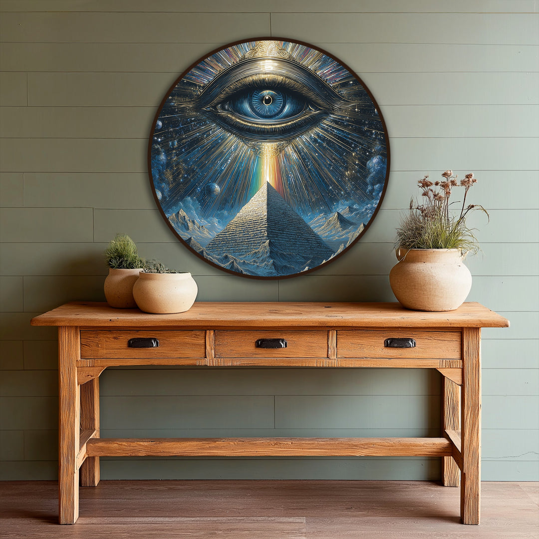 Intense color saturation defines this oil painting reproduction print featuring a mystical pyramid eye, its deep blues and radiant golds creating a celestial vision.