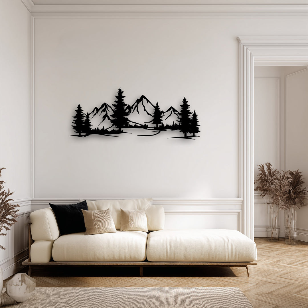 The focal point is a striking black metal artwork featuring majestic evergreen peaks and dense pine trees, creating a serene nature landscape.