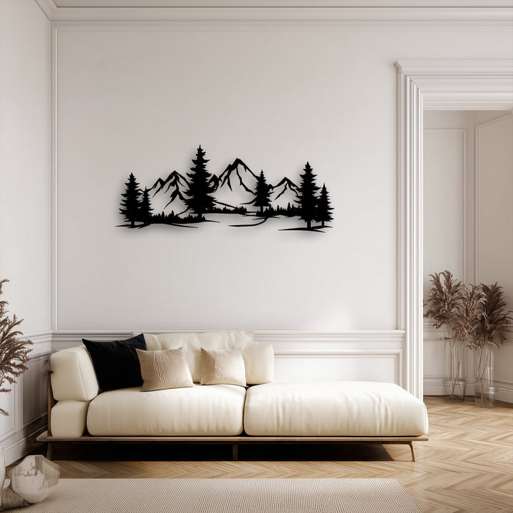 The focal point is a striking black metal artwork featuring majestic evergreen peaks and dense pine trees, creating a serene nature landscape.