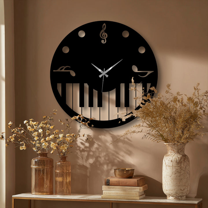 The darkest area, a black music theme metal wall clock, displays piano keys and silver notes, making striking decoration wall art.