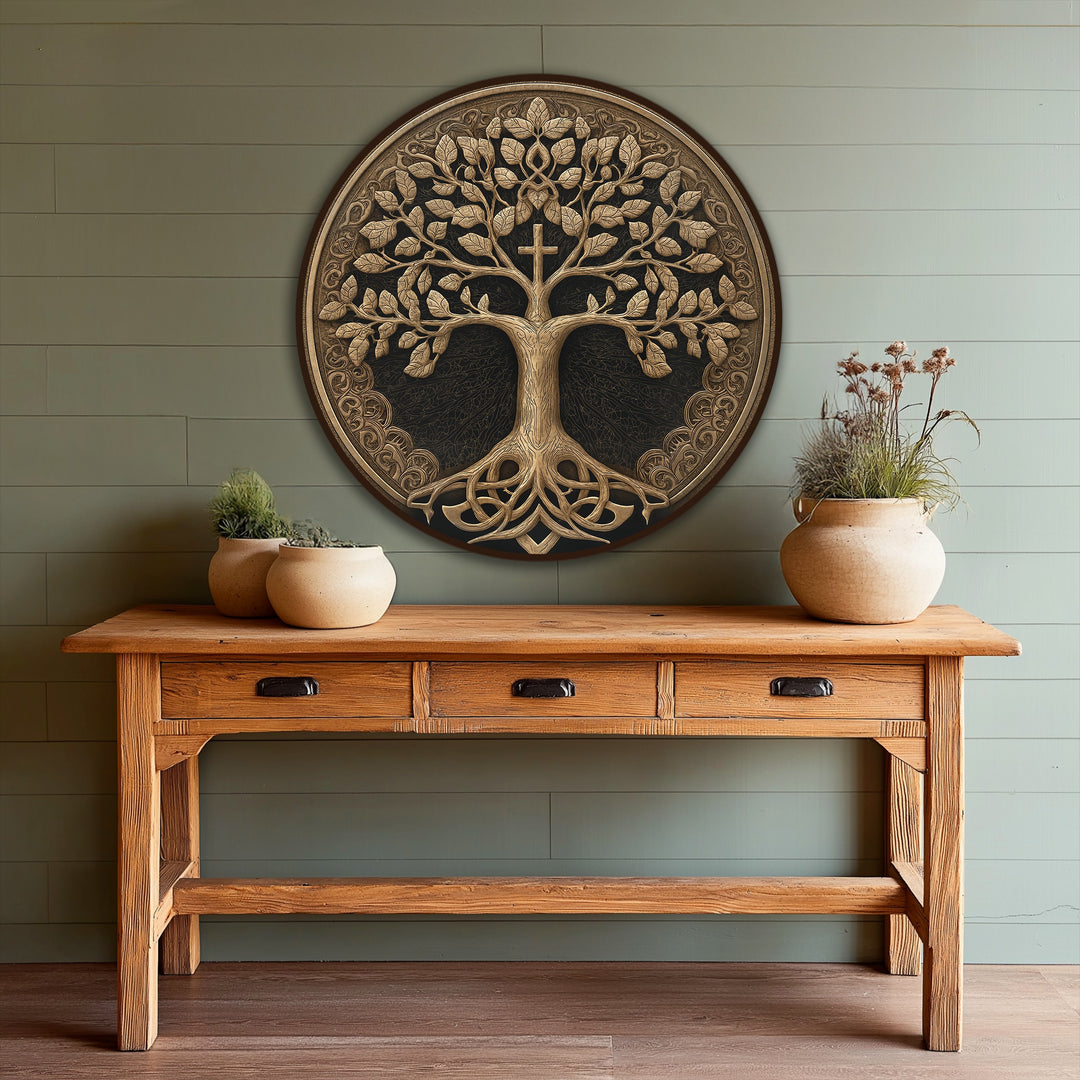 Exquisitely crafted oil painting wall art showcases an ornate, round 'Sacred Tree of Life,' exhibiting high-quality detailing with its carved-wood appearance and cross.