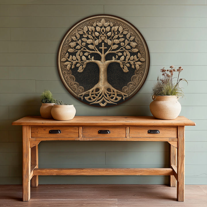 Exquisitely crafted oil painting wall art showcases an ornate, round 'Sacred Tree of Life,' exhibiting high-quality detailing with its carved-wood appearance and cross.