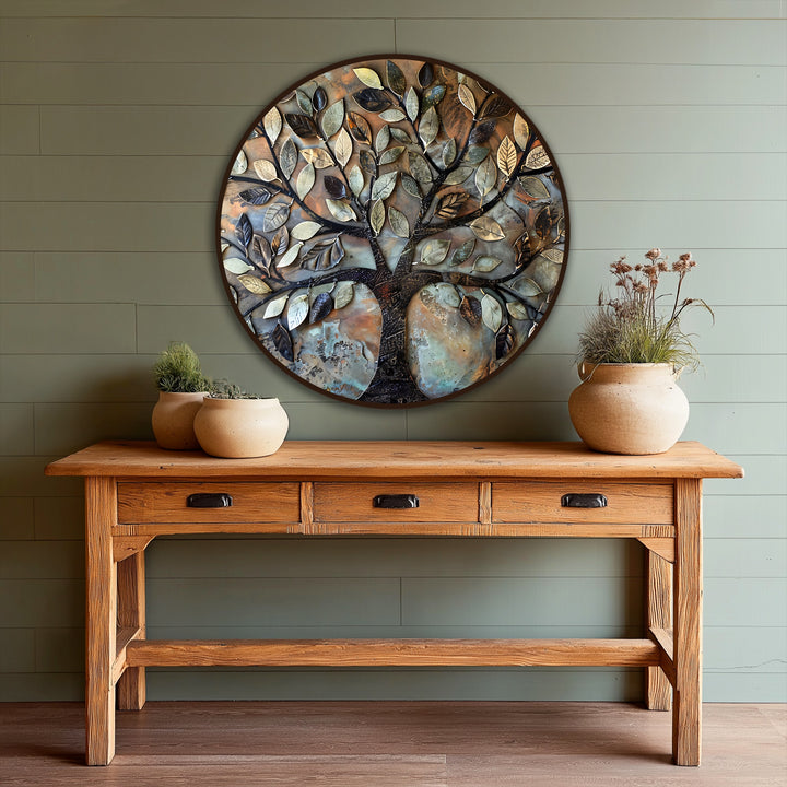 Quality oil painting art prints showcase a round rustic metal leaf tree with heavily textured bronze, sage, and earthy tones.