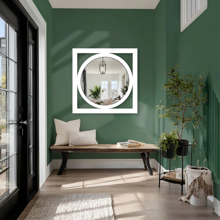 Circular and square shapes define this stained glass wall mirror, a modern minimalist mirror wall decor piece showcasing geometric balance.