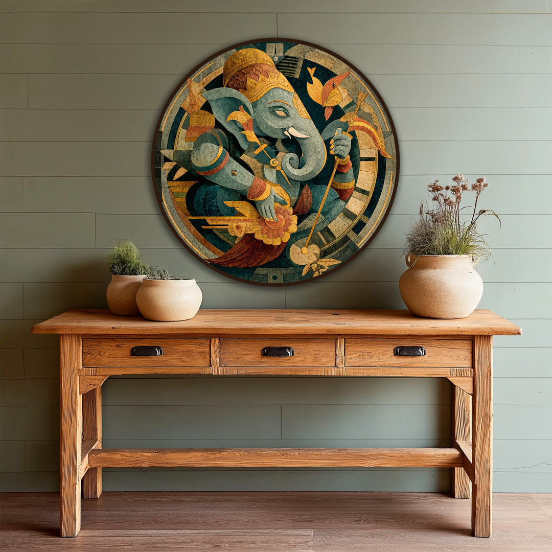 Highlighting the layering effect, this round wooden oil painting wall art depicts a sacred Ganesha circle, showcasing the beauty of oil painting wall art through dimension.