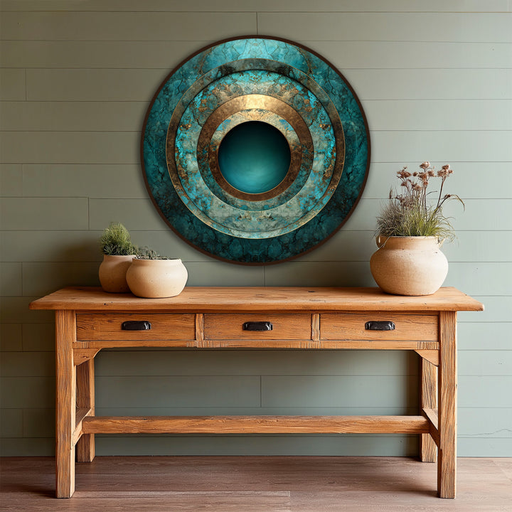 Geometric concentric circles create a captivating turquoise depth in this abstract round oil painting art prints, enhanced by its rich layered design on wood.