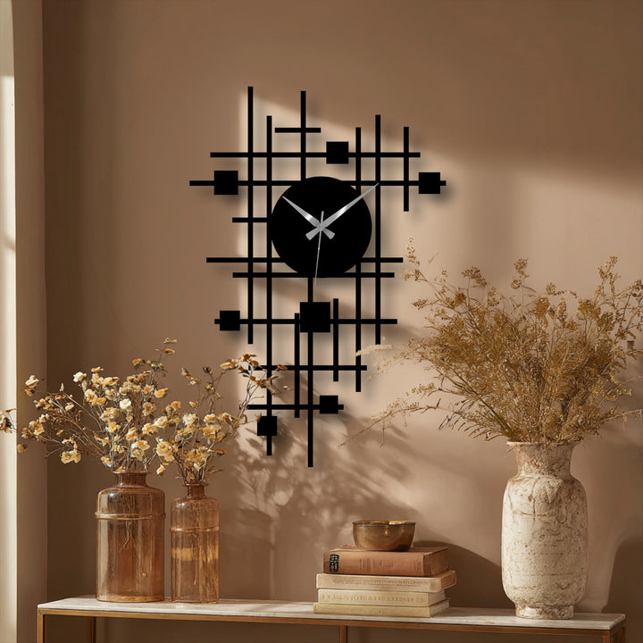 Visual rhythm achieved through the abstract grid pattern of the modern geometric wall clock, a striking piece of metal artwork.