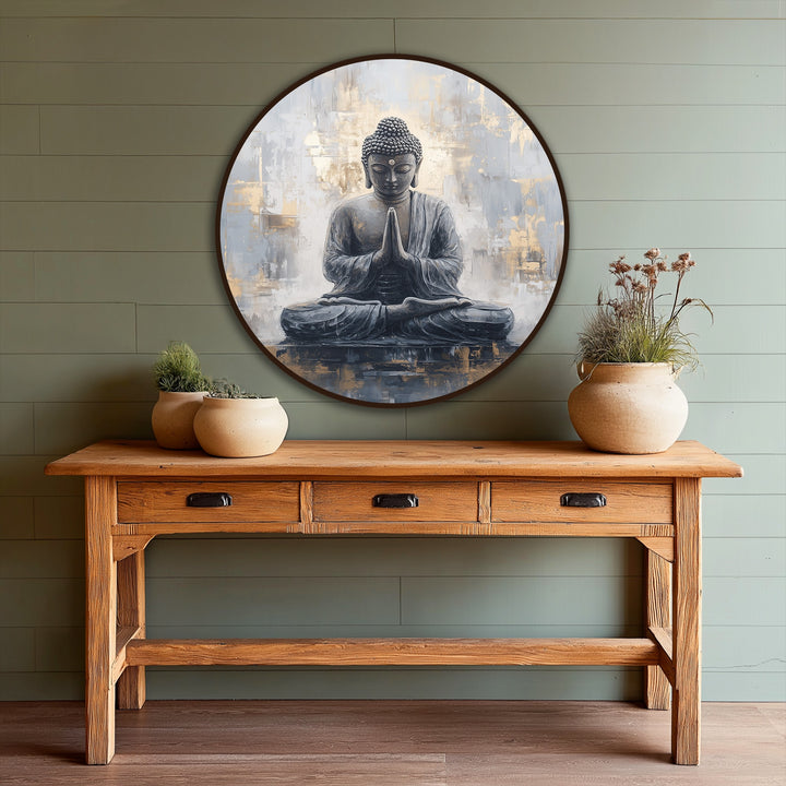 Horizontal round oil painting wall art featuring a meditative Buddha is a tranquil addition to your space with its serene depiction and subtle gold accents.
