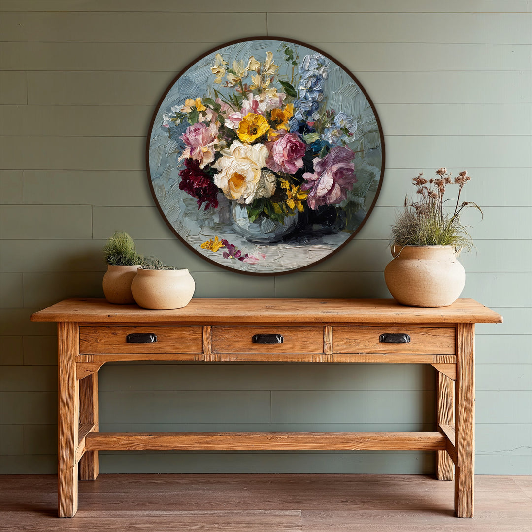 Subtle negative space surrounds a round, expressive floral bouquet creating a pleasing composition for oil painting home decor.