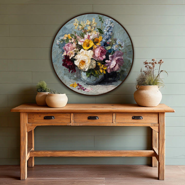 Subtle negative space surrounds a round, expressive floral bouquet creating a pleasing composition for oil painting home decor.