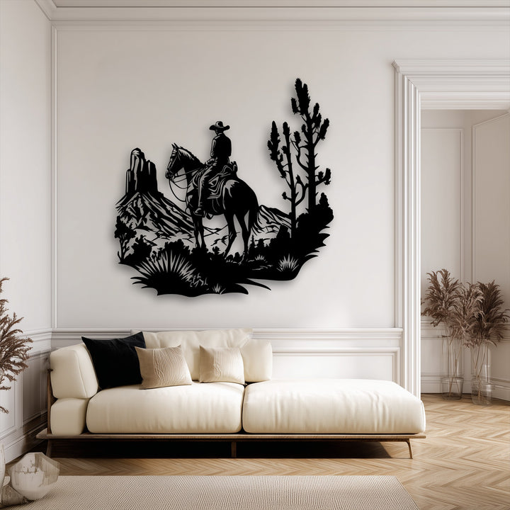 The layered silhouette of the Western cowboy and horse in the desert landscape creates a dynamic decoration wall art piece.
