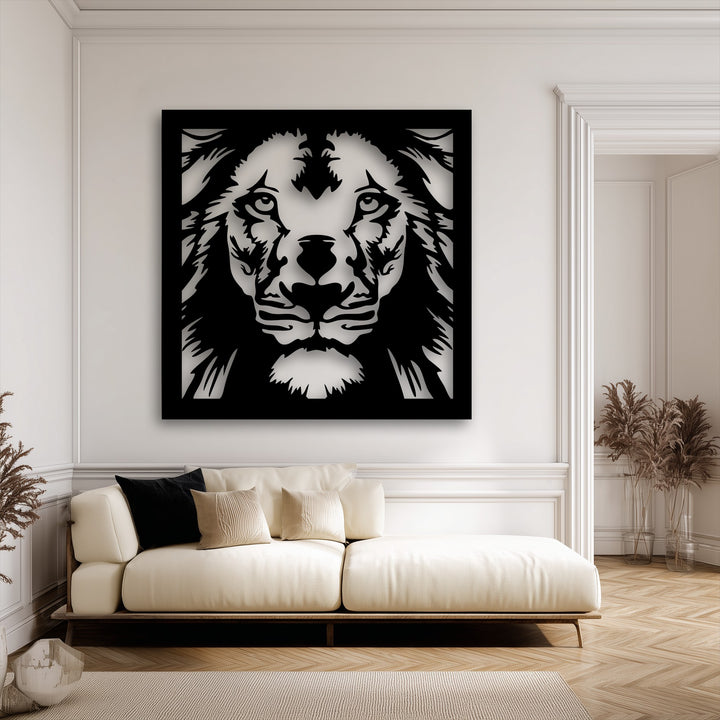 A majestic lion face, depicted in bold geometric metal art for wall, serves as the striking focal point above a cream sofa.