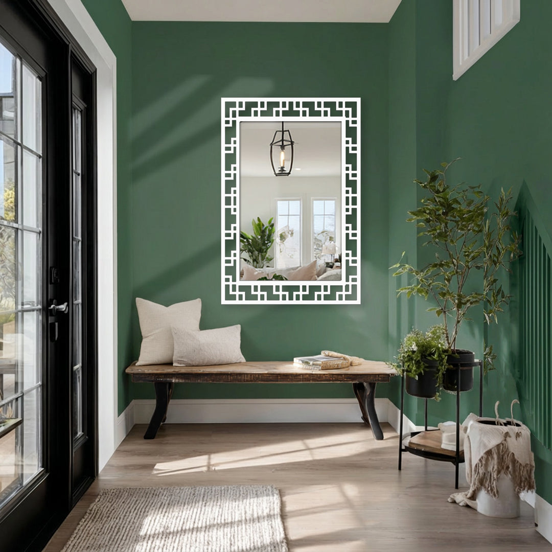 Abstract lines define the modern decorative mirror, a black geometric maze pattern that evokes metal art for wall design and reflects light throughout the space.