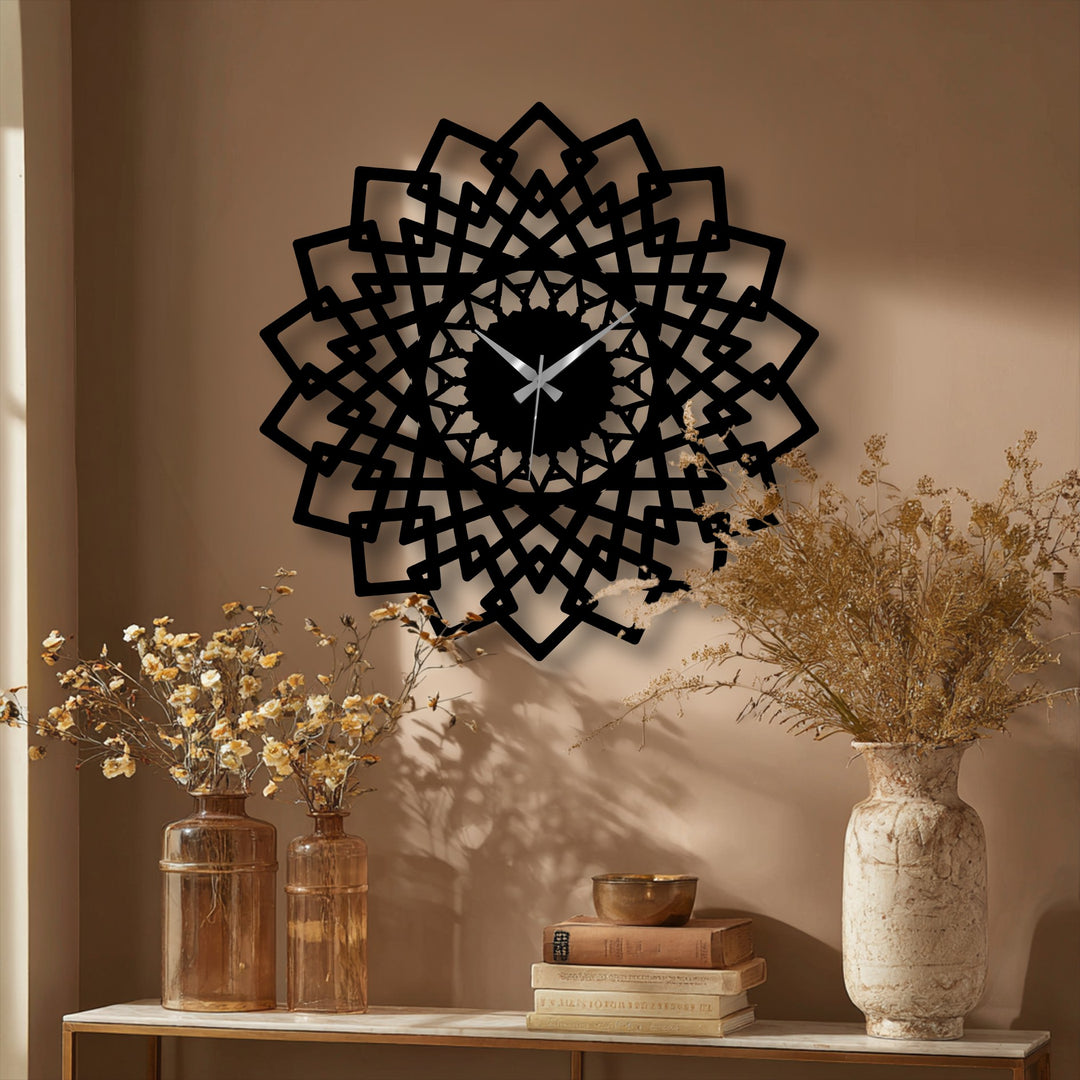 Exquisite metal wall decor is showcased in this precision-cut mandala clock, highlighting the material's durability and intricate design through its robust geometric form.