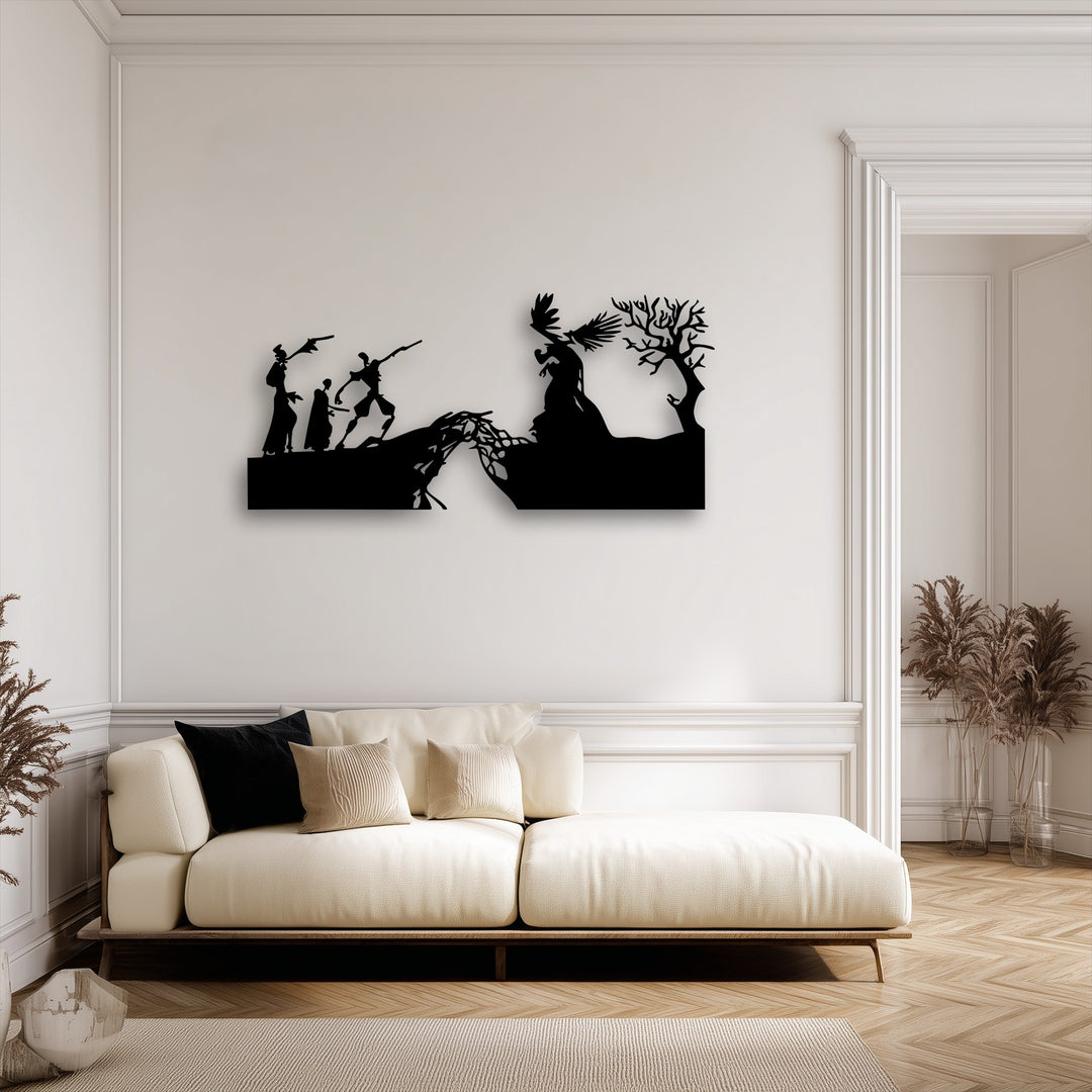 The profound layering effect of this decorative metal art displays mythological creation in dramatic, overlapping black silhouettes.