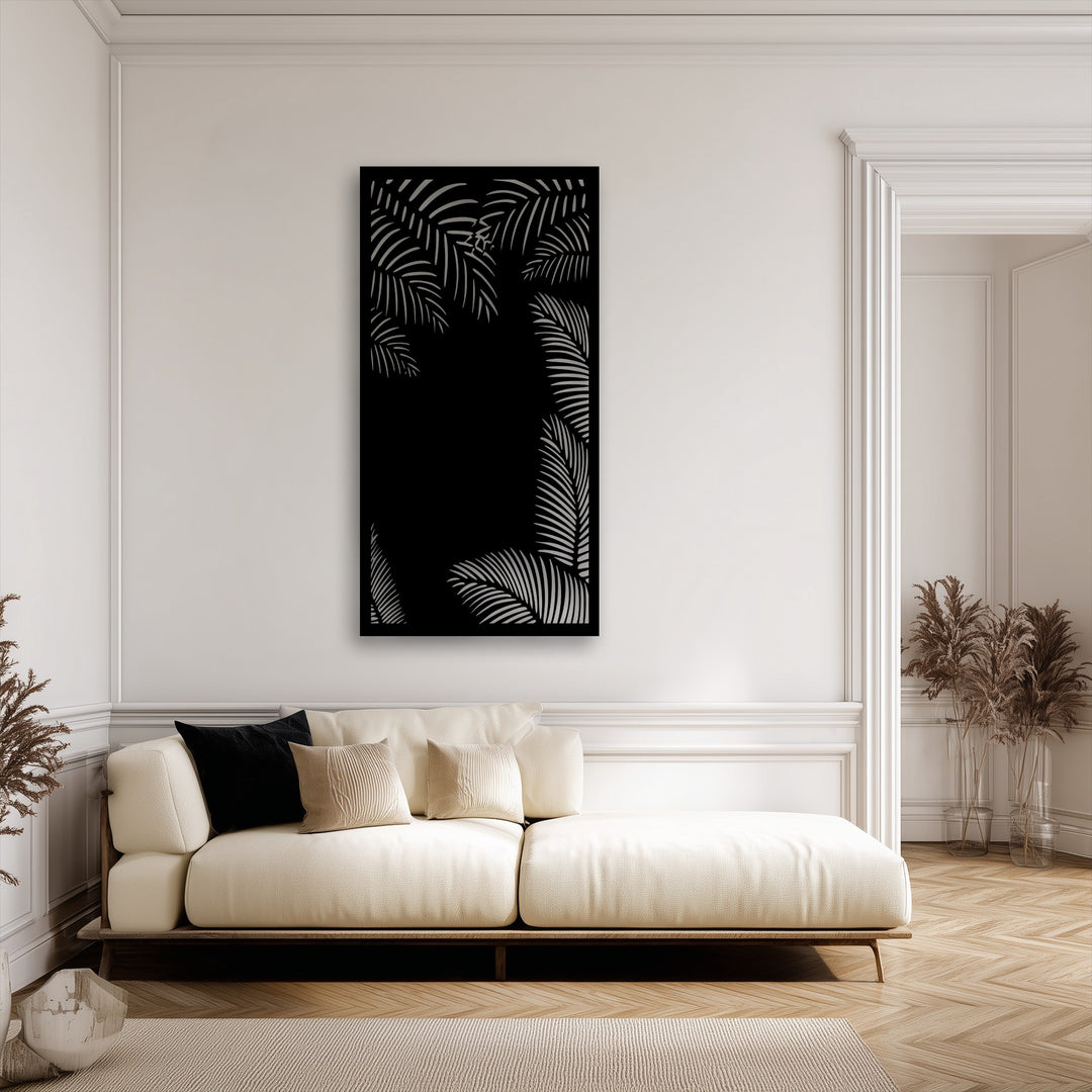 Visual rhythm unfolds through the recurring and graceful shapes of tropical palm silhouettes, presented as unique metal wall art on a pristine white wall.