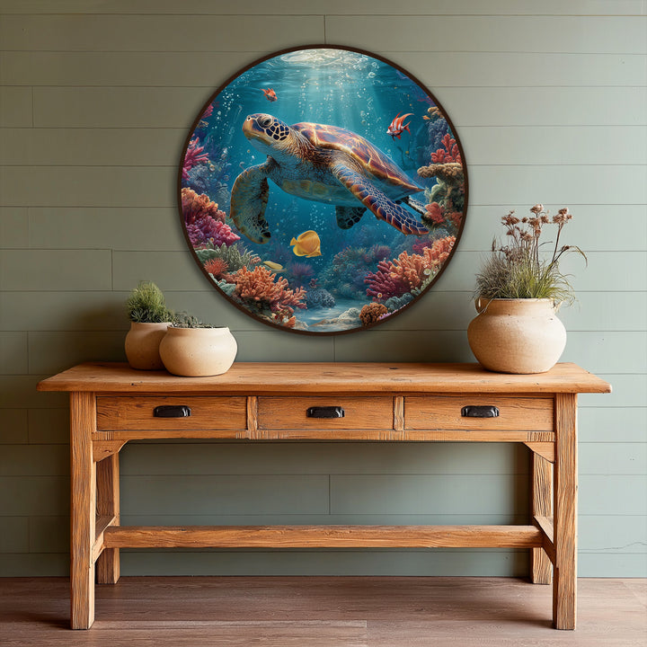 The realistic detail captures the vibrant colors and intricate textures of a graceful sea turtle amid coral reefs in this round oil painting reproduction print.