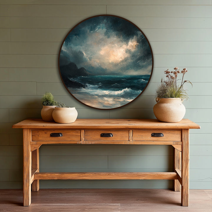 Dominated by blues and grays, this tempest horizon shows a dramatic seascape round oil painting with dynamic brushstrokes, exemplifying oil painting art prints.