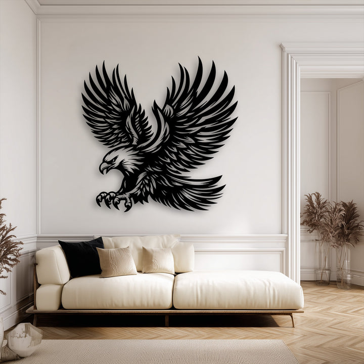 The layering effect of the majestic eagle metal art for wall creates striking depth, showcasing its detailed wings and powerful presence.