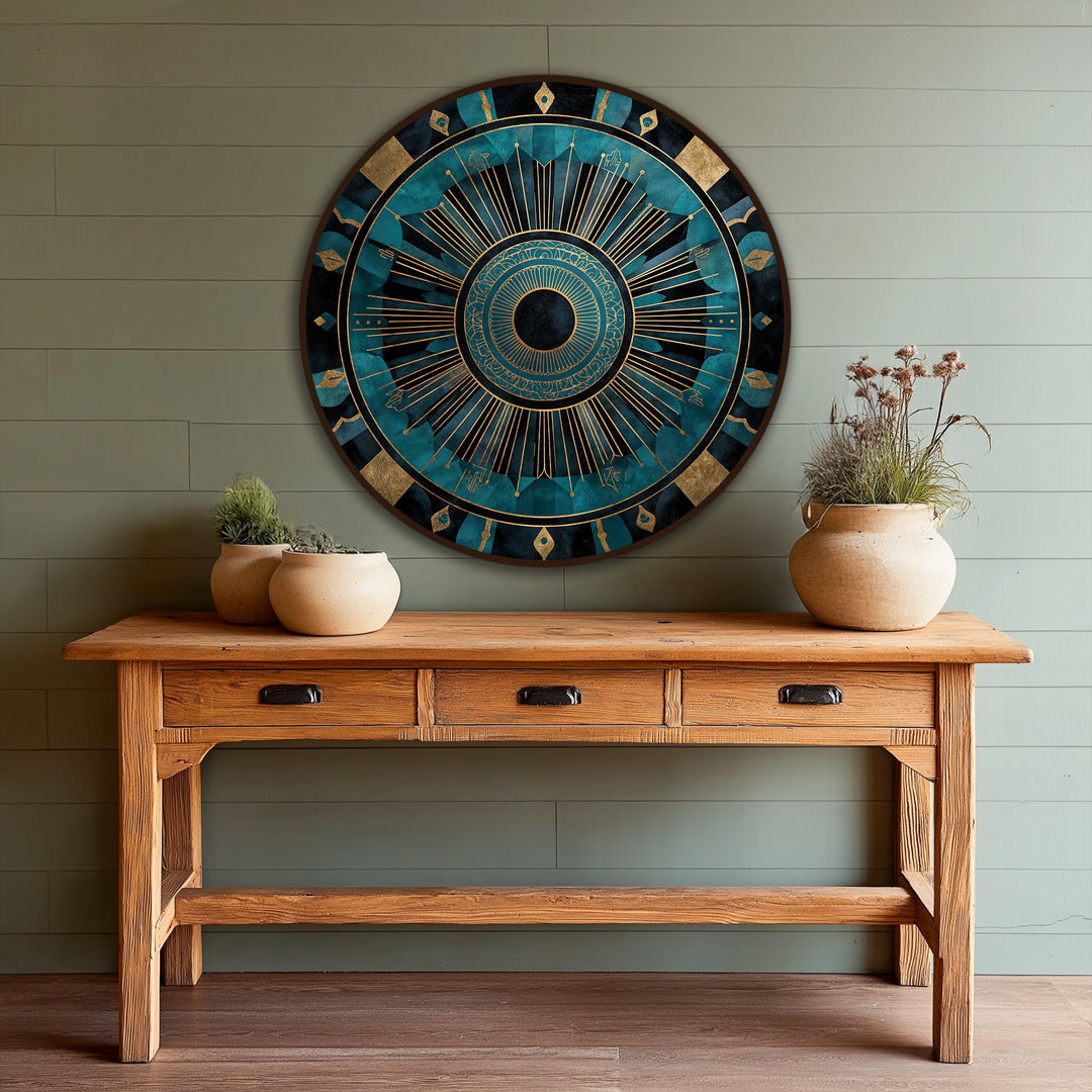 Abstract organic forms radiate from the center of the radiant teal and gold mandala, depicting a unique oil painting wall art on a green panel.