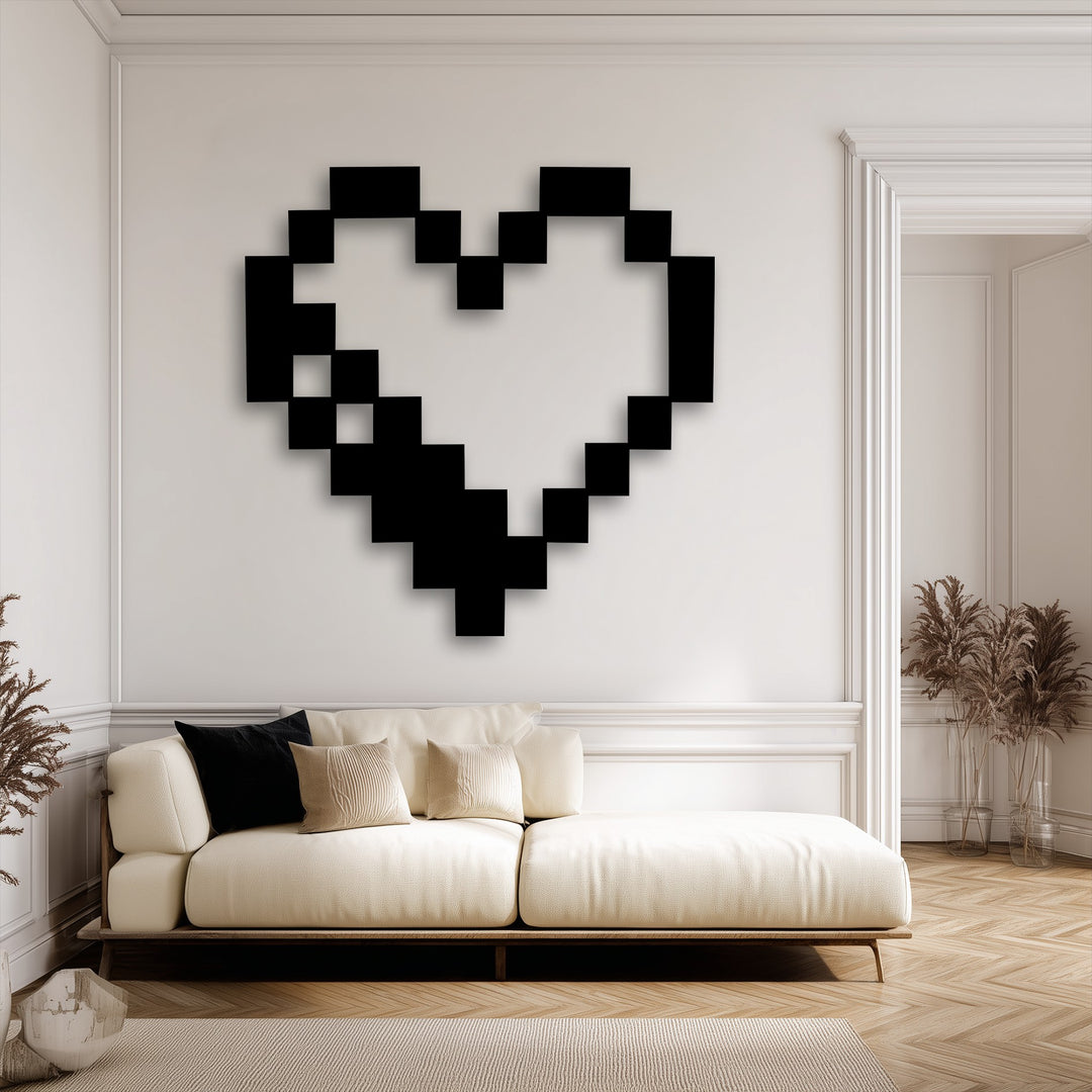 The smooth matte finish of the black pixel heart metal wall art creates a striking decoration wall art piece in a retro gaming style.