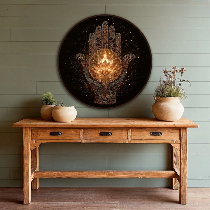 Painted sage green shiplap wall provides a serene background for the luminous golden Hamsa lotus round oil painting art piece.