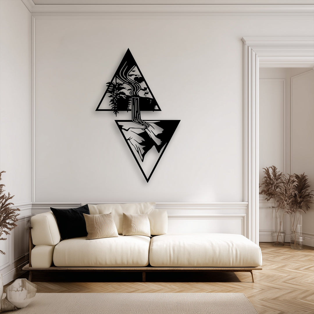 A striking black geometric waterfall metal artwork piece captures the dynamic flow of water cascading through a serene nature landscape.