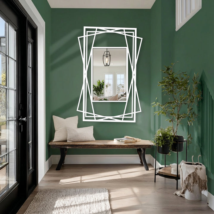 Contrasting with the angular lines, the organic forms of the plant and foliage in this decoration wall art feature soften the bold geometric floor mirror.