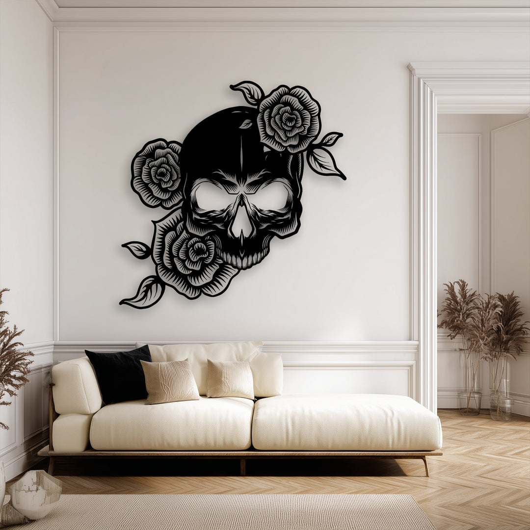 The intricate geometric patterns of the Floral Skull Metal Wall Art create a striking decoration wall art piece, contrasting the room's linear design.
