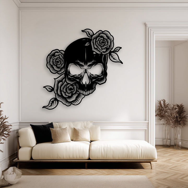 The intricate geometric patterns of the Floral Skull Metal Wall Art create a striking decoration wall art piece, contrasting the room's linear design.