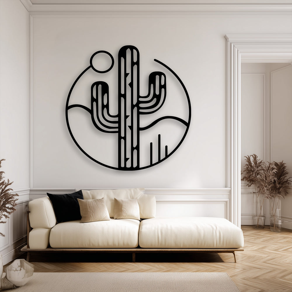 Showcasing realistic detail, minimal desert cactus metal wall decor features sharp edges and a shadow, defining its modern southwest design.