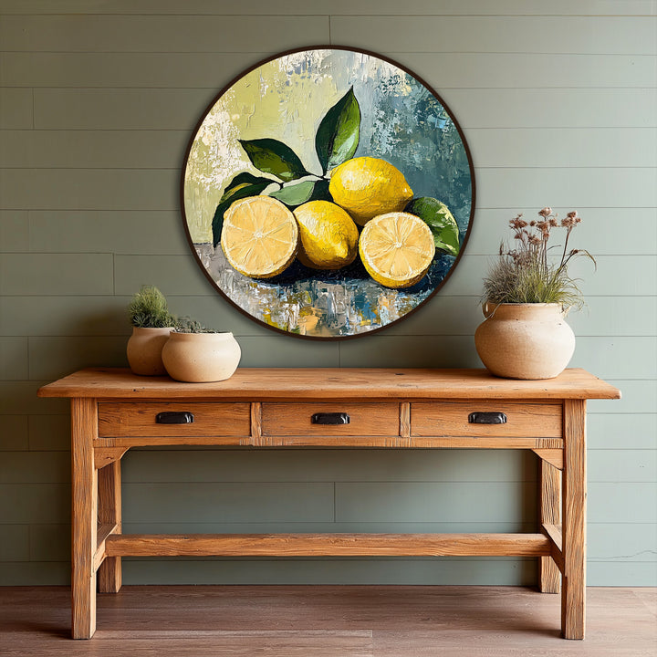 Green horizontal paneling forms the background for a vivid, round oil painting, enhancing the oil painting art prints' yellow and green citrus motif.