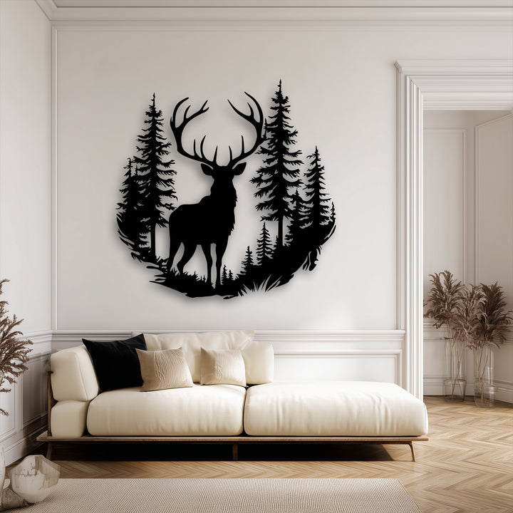 The layering effect reveals a majestic deer in a forest, intricately designed as metal artwork with visible depth on the wall.