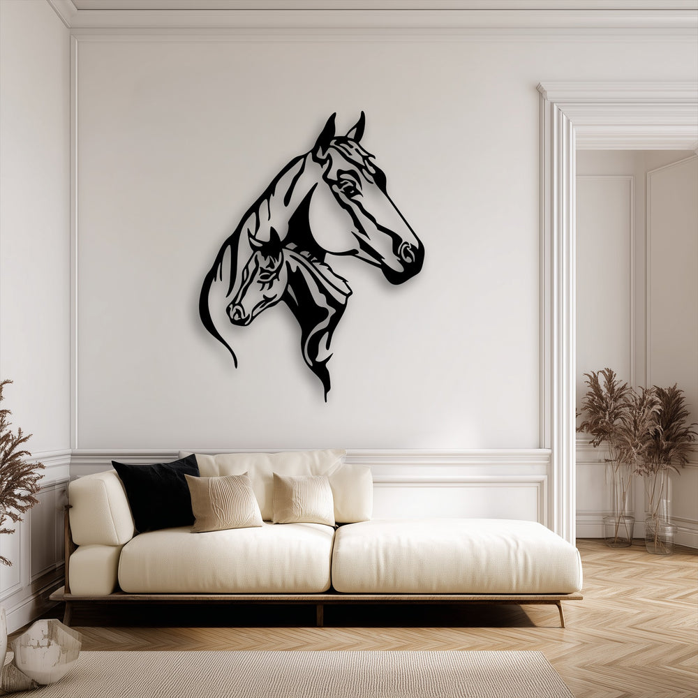 Featuring a desaturated color palette, elegant dual horse head silhouette metal decoration wall art enhances a modern living space.