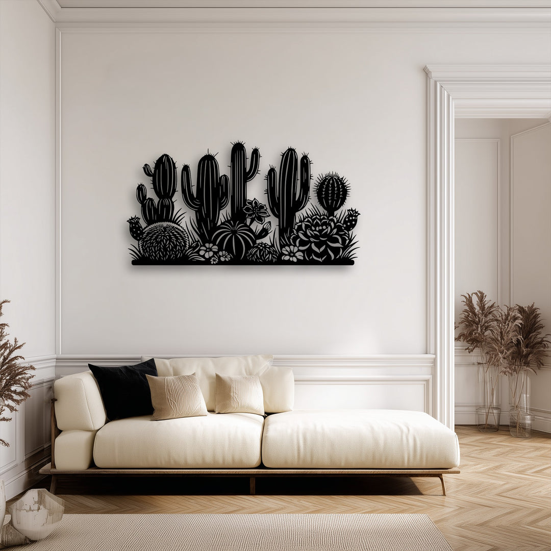 The varied shapes of this unique metal wall art, a desert cactus garden silhouette, create a dynamic sense of natural growth and subtle movement.