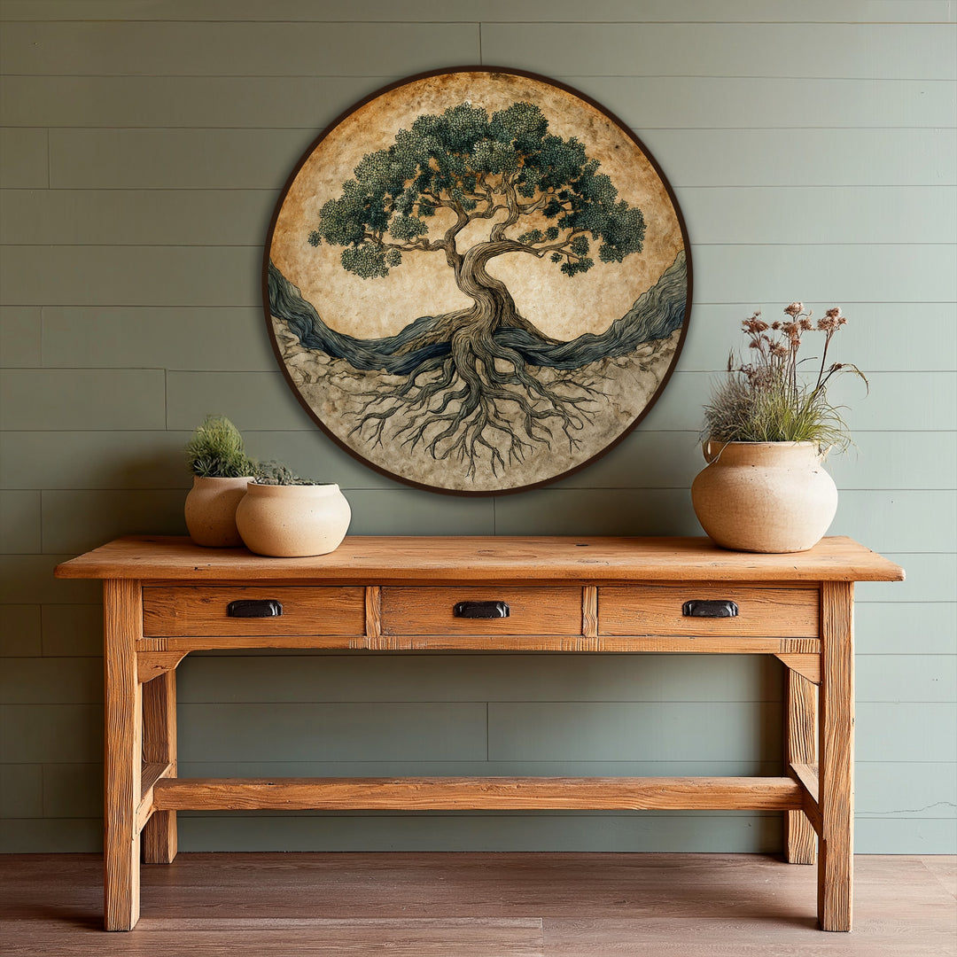 Olive green hues dominate this oil painting art piece, showing an ancient tree of life with intricately detailed roots in a round, symbolic composition.