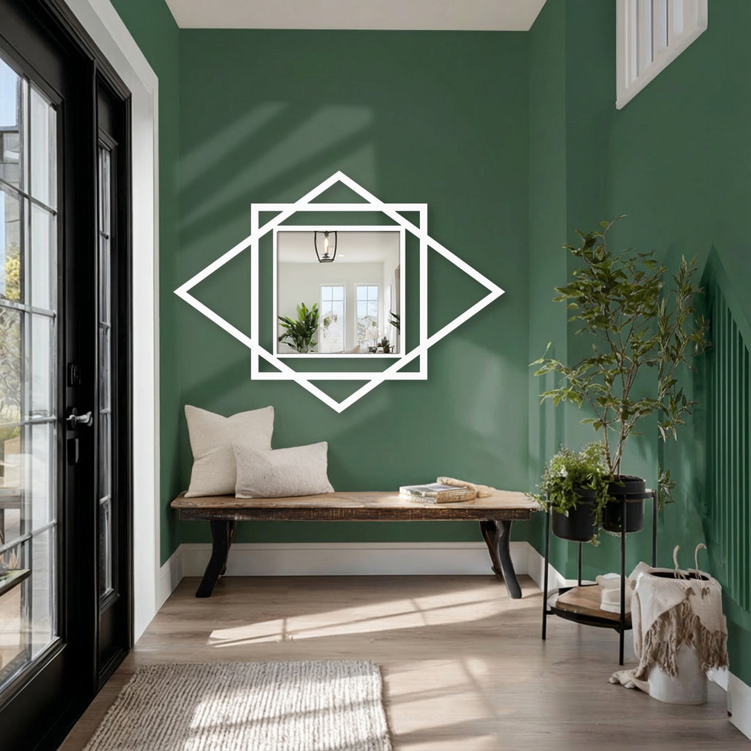 Interplaying foliage and plant life create a counterpoint of organic curves against the geometric Diamond Harmony decorating with wall mirrors.