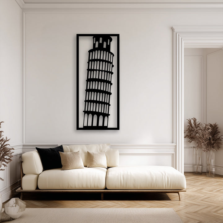 Plush cream sofa cushions offer a soft texture, complementing the bold Leaning Tower of Pisa architectural metal decoration wall art.