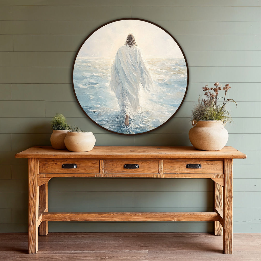 The oil painting wall art shows the figure's robes mirroring the fluid organic forms of the water, creating a serene, faith-inspired piece.