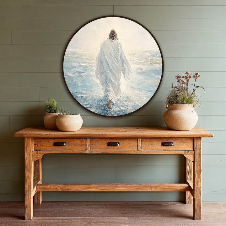 The oil painting wall art shows the figure's robes mirroring the fluid organic forms of the water, creating a serene, faith-inspired piece.