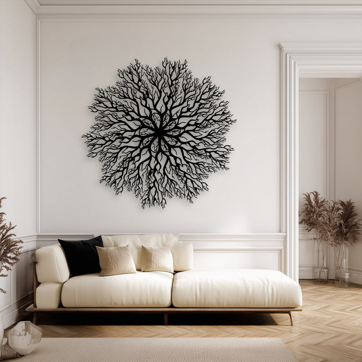 The crisp edges of the tree roots mandala metal art for wall beautifully complement the elegant architectural borders of the room.