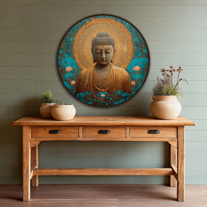Lotus petals add a serene, delicate touch to this round Sacred Tranquility golden Buddha oil painting art piece, casting a peaceful glow.