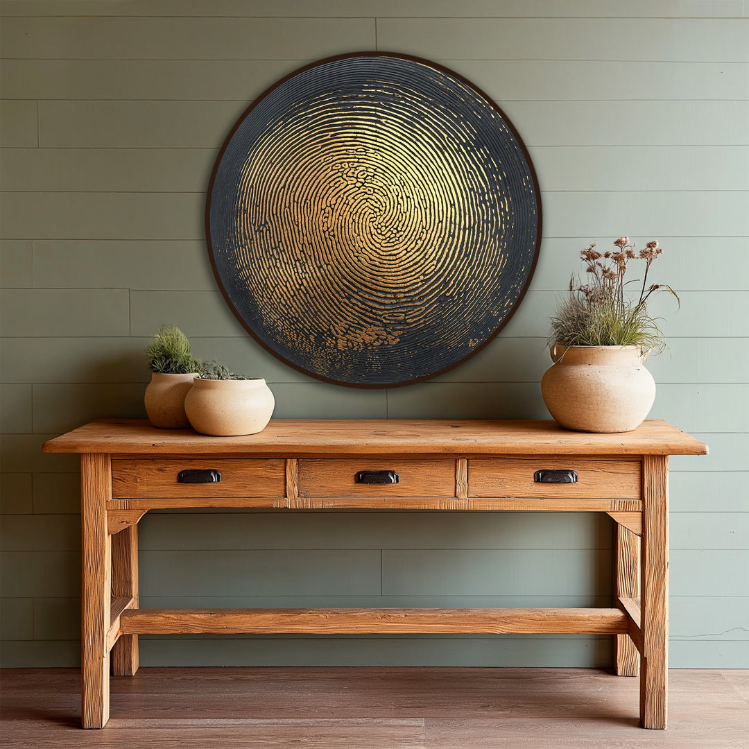 Horizontal round modern oil painting art features a radiating golden pulse design, set in a dark wooden frame, creating a striking abstract focal point.