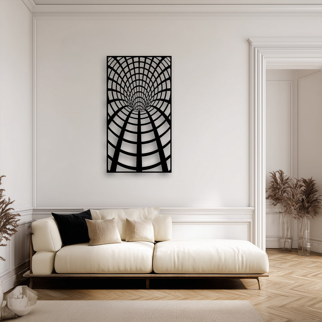 The organic forms created by the flowing lines of the optical tunnel grid metal art for wall draw the eye into its captivating illusion.